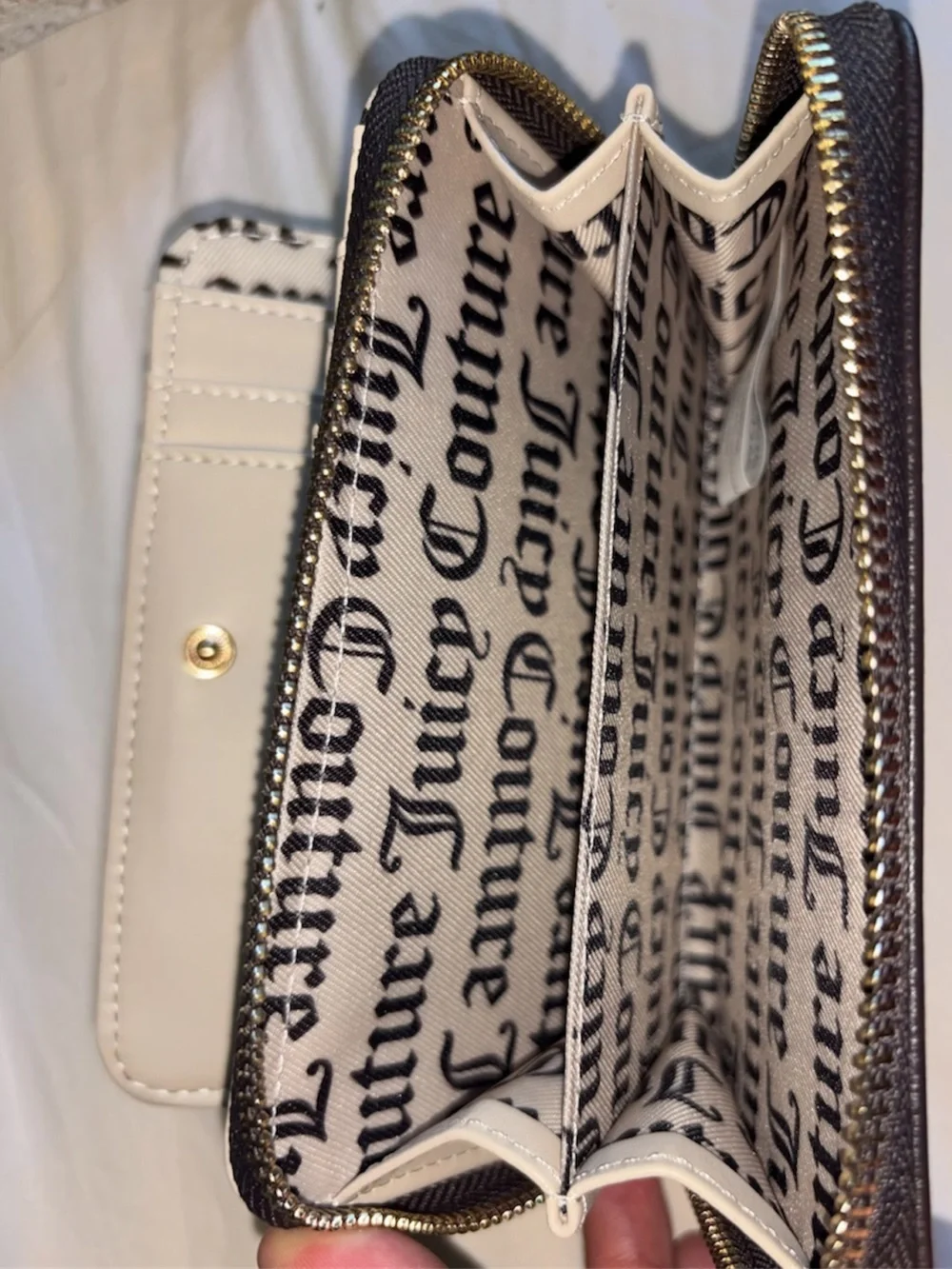 Juicy Couture Black and Beige Logo Zip Wallet with Gold Heart Emblem y2k clutch